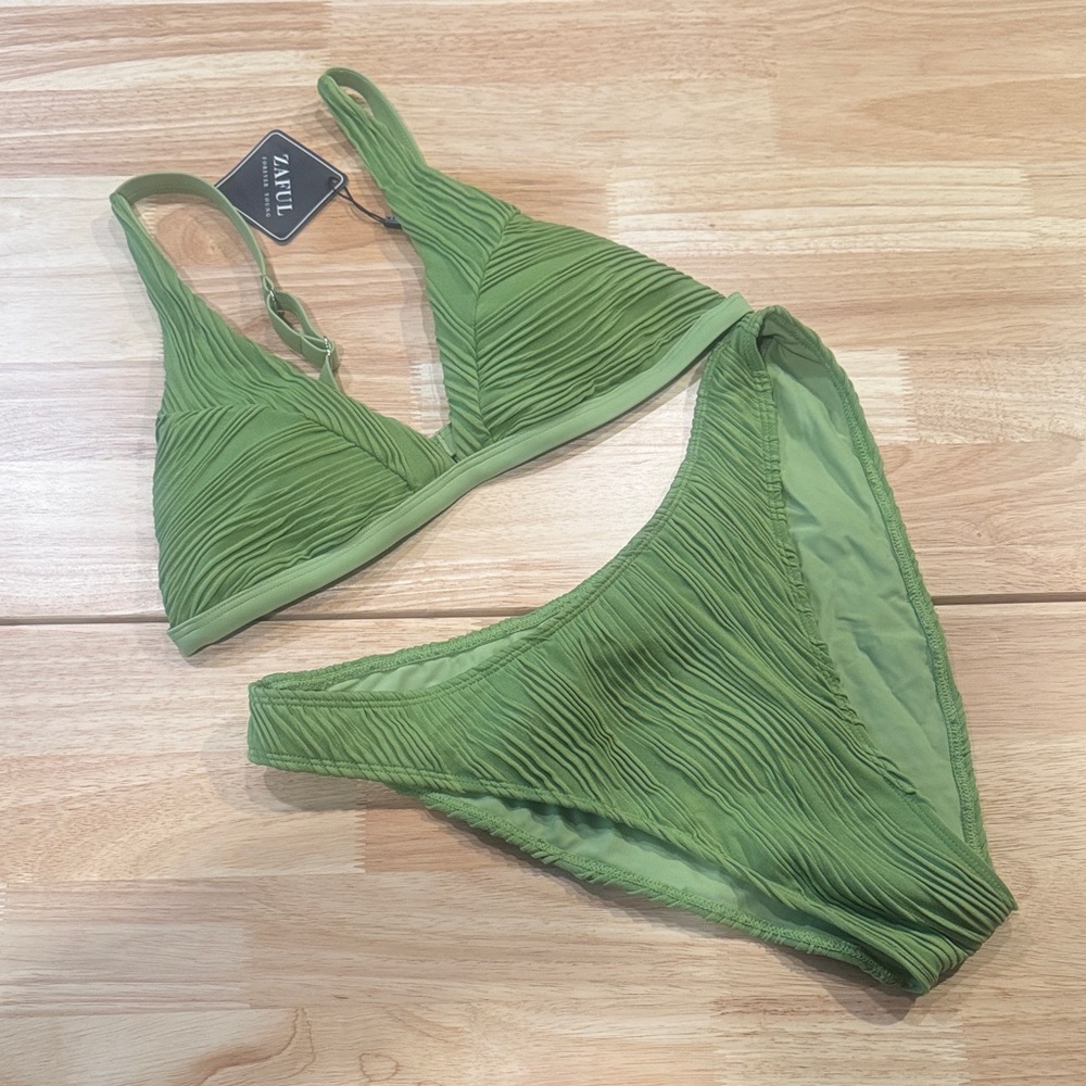 Zaful Olive Green Textured Ruched Bikini Set